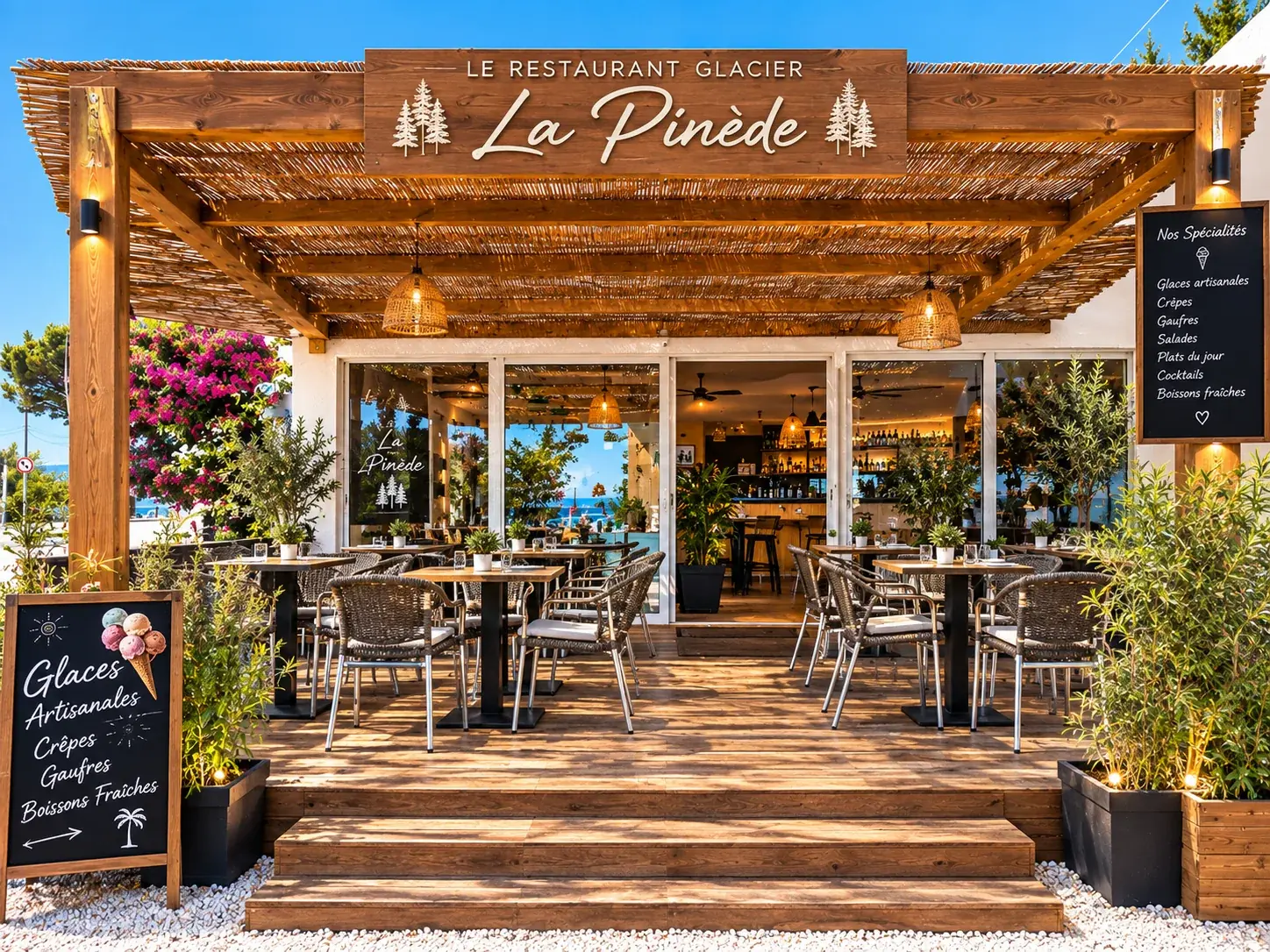 Terrasse et enseigne du Resto Glacier de la Pinède à Hyères