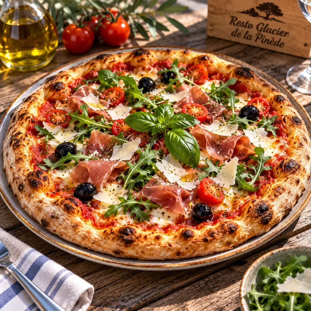 Pizza gourmande servie au restaurant La Pinède à Hyères