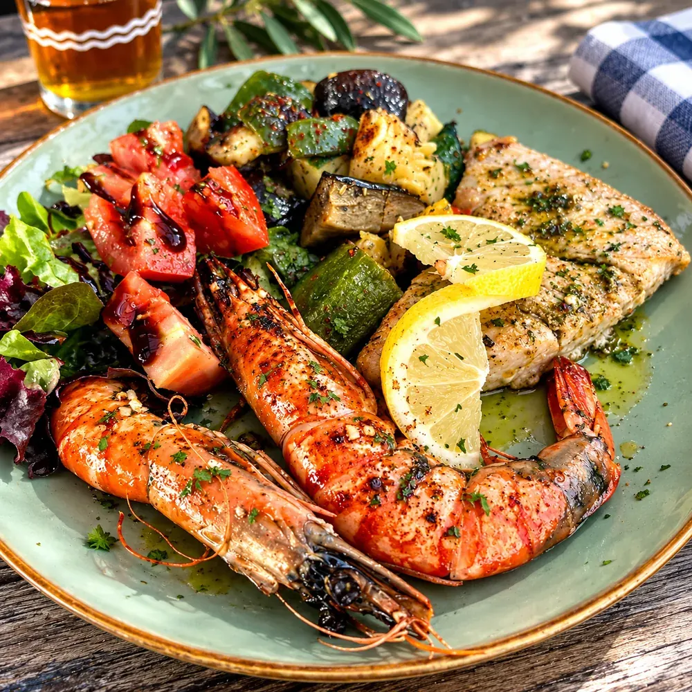 Poisson, gambas et légumes méditerranéens à La Pinède Hyères